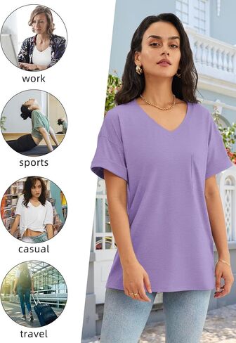 ATHMILE Womens T Shirts 2024 Short Sleeve V-Neck Shirts Cute Fit Summer Casual Tee Tops S-XXL in Kuwait