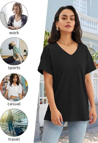 ATHMILE Womens T Shirts 2024 Short Sleeve V-Neck Shirts Cute Fit Summer Casual Tee Tops S-XXL in Kuwait