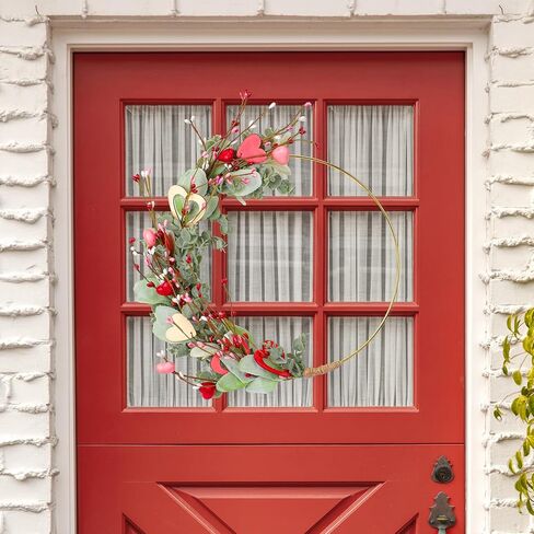 إكليل عيد الحب للتعليق على الباب الأمامي - أكاليل عيد الحب ديكور لحفلات الذكرى السنوية لخطوبة الزفاف، إكليل وردي معلق مقاس 33 سم مع قلب وأوكالبتوس لشرفة نافذة الحائط in Kuwait