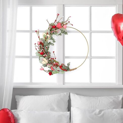 إكليل عيد الحب للتعليق على الباب الأمامي - أكاليل عيد الحب ديكور لحفلات الذكرى السنوية لخطوبة الزفاف، إكليل وردي معلق مقاس 33 سم مع قلب وأوكالبتوس لشرفة نافذة الحائط in Kuwait