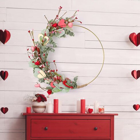إكليل عيد الحب للتعليق على الباب الأمامي - أكاليل عيد الحب ديكور لحفلات الذكرى السنوية لخطوبة الزفاف، إكليل وردي معلق مقاس 33 سم مع قلب وأوكالبتوس لشرفة نافذة الحائط in Kuwait