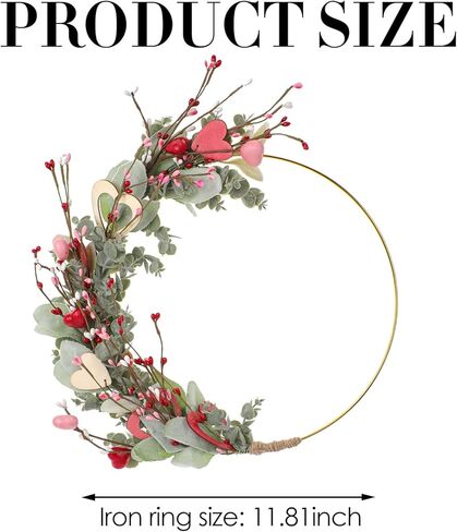 إكليل عيد الحب للتعليق على الباب الأمامي - أكاليل عيد الحب ديكور لحفلات الذكرى السنوية لخطوبة الزفاف، إكليل وردي معلق مقاس 33 سم مع قلب وأوكالبتوس لشرفة نافذة الحائط in Kuwait