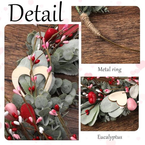 إكليل عيد الحب للتعليق على الباب الأمامي - أكاليل عيد الحب ديكور لحفلات الذكرى السنوية لخطوبة الزفاف، إكليل وردي معلق مقاس 33 سم مع قلب وأوكالبتوس لشرفة نافذة الحائط in Kuwait