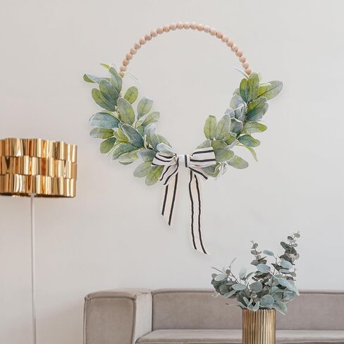 Wood Bead Eucalyptus Leaf Wreaths - 13 Inch Natural Greenery Wreaths Boho Wall Hanging Decoration for All Season Bedroom Room Rustic Farmhouse Home Indoor Outdoor Window Decor in Kuwait