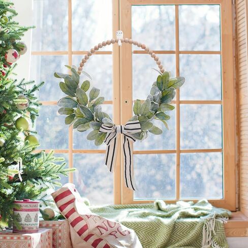 Wood Bead Eucalyptus Leaf Wreaths - 13 Inch Natural Greenery Wreaths Boho Wall Hanging Decoration for All Season Bedroom Room Rustic Farmhouse Home Indoor Outdoor Window Decor in Kuwait
