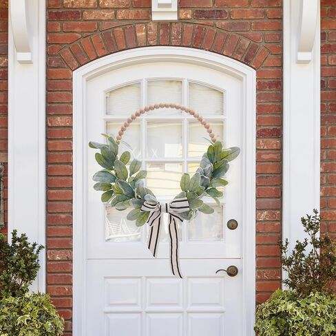 Wood Bead Eucalyptus Leaf Wreaths - 13 Inch Natural Greenery Wreaths Boho Wall Hanging Decoration for All Season Bedroom Room Rustic Farmhouse Home Indoor Outdoor Window Decor in Kuwait