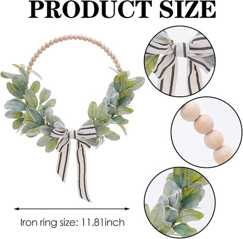 Wood Bead Eucalyptus Leaf Wreaths - 13 Inch Natural Greenery Wreaths Boho Wall Hanging Decoration for All Season Bedroom Room Rustic Farmhouse Home Indoor Outdoor Window Decor in Kuwait