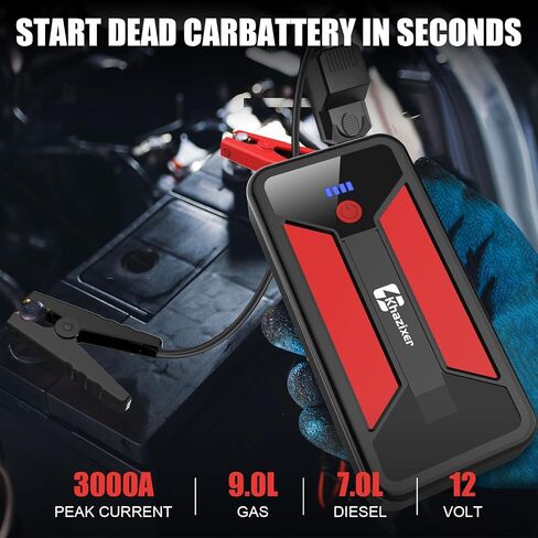 ET02 Car Battery Jump Starter 3000A Peak, 12V Lithium Portable Jumper Starter for up to 9.0L Gas and 7.0L Diesel Engines, 12V Battery Jump Starter with Jumper Cable in Saudi Arabia