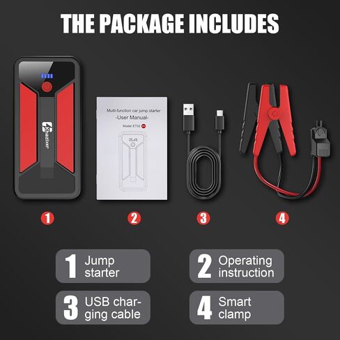 ET02 Car Battery Jump Starter 3000A Peak, 12V Lithium Portable Jumper Starter for up to 9.0L Gas and 7.0L Diesel Engines, 12V Battery Jump Starter with Jumper Cable in Saudi Arabia