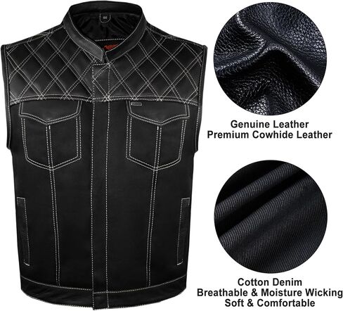 Dream Apparel Men's SOA Denim & Leather Motorcycle Vest for Riding w/ 2 Concealed Carry Pockets, Biker Vest Black Club Vest in Kuwait