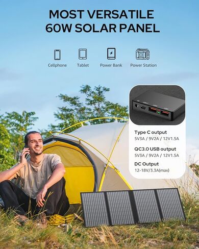 60W Portable Solar Panels, Foldable Solar Panel Charger for 100-500W Solar Generator Portable Power Station, with Adjustable Kickstands, DC 18V Output, USB 3.0 and Type-C Ports for Camping Van RV Trip in Kuwait