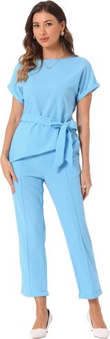 Allegra K Women's 2 Piece Sets Round Neck Short Sleeve Belted Asymmetry Tops Elastic Waist Trousers Set in Saudi Arabia
