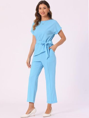 Allegra K Women's 2 Piece Sets Round Neck Short Sleeve Belted Asymmetry Tops Elastic Waist Trousers Set in Saudi Arabia