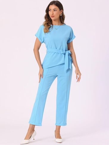 Allegra K Women's 2 Piece Sets Round Neck Short Sleeve Belted Asymmetry Tops Elastic Waist Trousers Set in Saudi Arabia