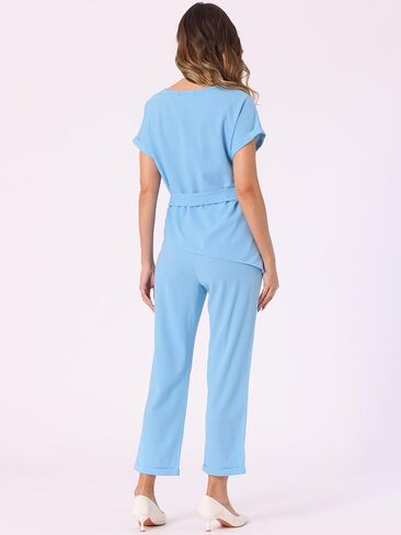 Allegra K Women's 2 Piece Sets Round Neck Short Sleeve Belted Asymmetry Tops Elastic Waist Trousers Set in Saudi Arabia