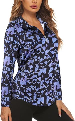 Koscacy Long Sleeve V Neck Half Zip Golf Pullover for Ladies Gym Training Outdoor Sports Workout Tennis Top, Purple Geometry in Saudi Arabia