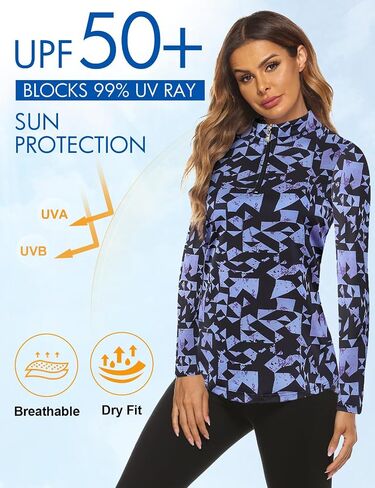 Koscacy Long Sleeve V Neck Half Zip Golf Pullover for Ladies Gym Training Outdoor Sports Workout Tennis Top, Purple Geometry in Saudi Arabia