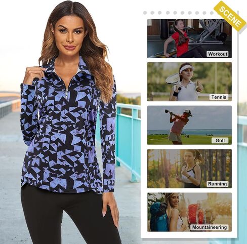 Koscacy Long Sleeve V Neck Half Zip Golf Pullover for Ladies Gym Training Outdoor Sports Workout Tennis Top, Purple Geometry in Saudi Arabia