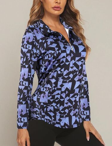 Koscacy Long Sleeve V Neck Half Zip Golf Pullover for Ladies Gym Training Outdoor Sports Workout Tennis Top, Purple Geometry in Saudi Arabia
