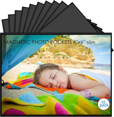 10 Pack 4"x6" Premium Super Slim Magnetic Picture Pockets Frames with Black Holds 4 x 6 inches Photo for Refrigerator | NEW VERSION | EASE of INSERTING in Kuwait