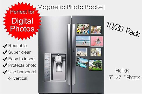 10 Pack 4"x6" Premium Super Slim Magnetic Picture Pockets Frames with Black Holds 4 x 6 inches Photo for Refrigerator | NEW VERSION | EASE of INSERTING in Kuwait