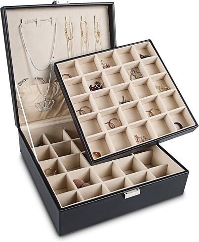 Frebeauty Earring Organizer Classic Jewelry Box 50 Slots Double Layer Jewelry Storage Case with 6 Necklace Hook and Bracelet Pocket(Black) in Saudi Arabia