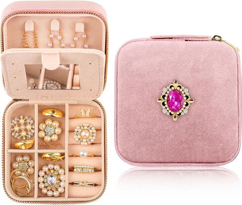 HONGTEYA Plush Velvet Jewelry Box Small Portable Travel Jewelry Case with Mirror Jewelry Organizer Boxes for Rings Necklaces Best Gifts For Daughter Girlfriend Mom in Saudi Arabia