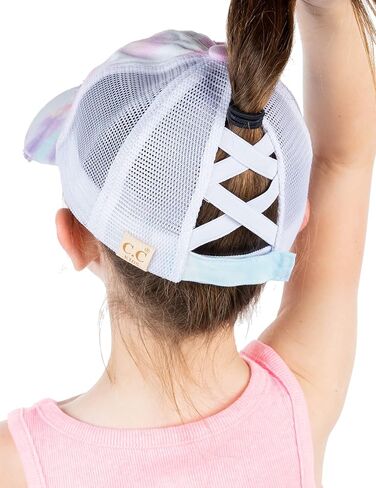 Funky Junque Girl's Criss Cross Hat Messy Bun High Ponytail Kids Baseball Cap in Saudi Arabia