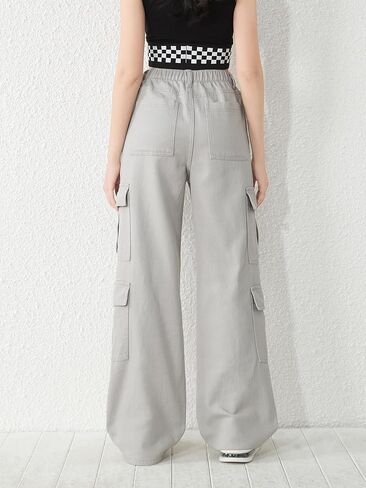 Floerns Girls Flap Pocket Cargo Pants Zip Up Wide Leg Loose Fit Denim Jeans in Saudi Arabia