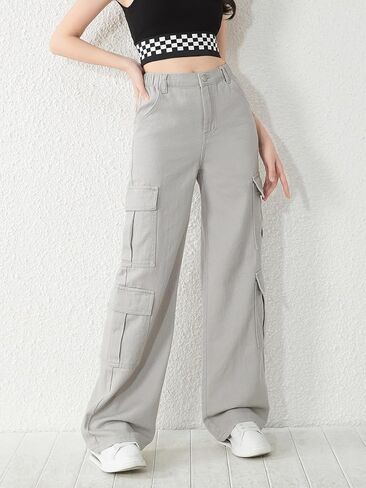 Floerns Girls Flap Pocket Cargo Pants Zip Up Wide Leg Loose Fit Denim Jeans in Saudi Arabia