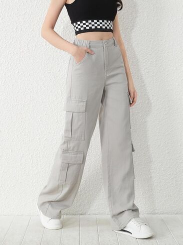 Floerns Girls Flap Pocket Cargo Pants Zip Up Wide Leg Loose Fit Denim Jeans in Saudi Arabia