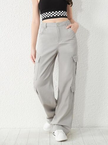 Floerns Girls Flap Pocket Cargo Pants Zip Up Wide Leg Loose Fit Denim Jeans in Saudi Arabia