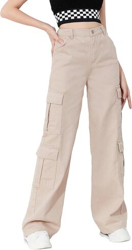 Floerns Girls Flap Pocket Cargo Pants Zip Up Wide Leg Loose Fit Denim Jeans in Saudi Arabia