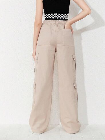 Floerns Girls Flap Pocket Cargo Pants Zip Up Wide Leg Loose Fit Denim Jeans in Saudi Arabia