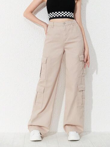 Floerns Girls Flap Pocket Cargo Pants Zip Up Wide Leg Loose Fit Denim Jeans in Saudi Arabia