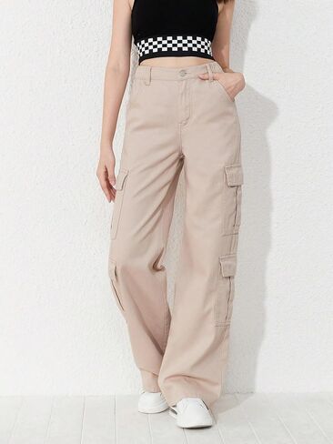 Floerns Girls Flap Pocket Cargo Pants Zip Up Wide Leg Loose Fit Denim Jeans in Saudi Arabia