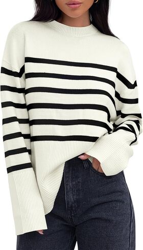 ZESICA Women's Fall Winter Striped Long Sleeve Crew Neck Ribbed Knit Side Slit Oversized Pullover Sweater Jumper Top in Saudi Arabia