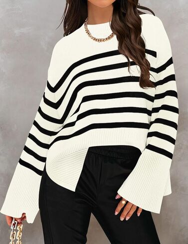 ZESICA Women's Fall Winter Striped Long Sleeve Crew Neck Ribbed Knit Side Slit Oversized Pullover Sweater Jumper Top in Saudi Arabia