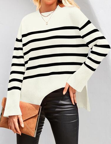 ZESICA Women's Fall Winter Striped Long Sleeve Crew Neck Ribbed Knit Side Slit Oversized Pullover Sweater Jumper Top in Saudi Arabia