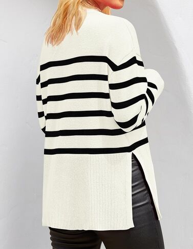ZESICA Women's Fall Winter Striped Long Sleeve Crew Neck Ribbed Knit Side Slit Oversized Pullover Sweater Jumper Top in Saudi Arabia