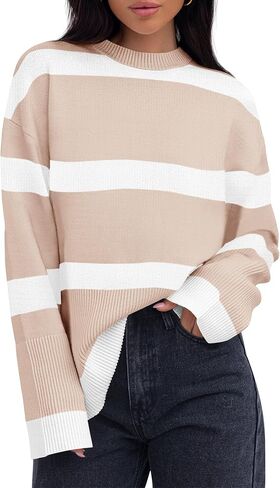 ZESICA Women's Fall Winter Striped Long Sleeve Crew Neck Ribbed Knit Side Slit Oversized Pullover Sweater Jumper Top in Saudi Arabia