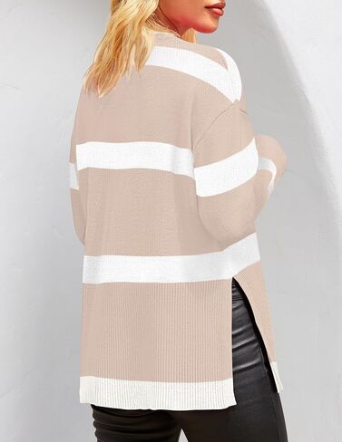 ZESICA Women's Fall Winter Striped Long Sleeve Crew Neck Ribbed Knit Side Slit Oversized Pullover Sweater Jumper Top in Saudi Arabia