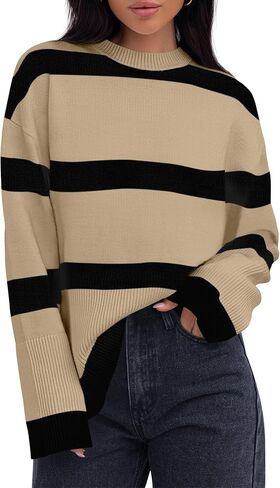 ZESICA Women's Fall Winter Striped Long Sleeve Crew Neck Ribbed Knit Side Slit Oversized Pullover Sweater Jumper Top in Saudi Arabia