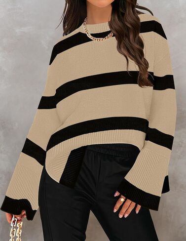 ZESICA Women's Fall Winter Striped Long Sleeve Crew Neck Ribbed Knit Side Slit Oversized Pullover Sweater Jumper Top in Saudi Arabia