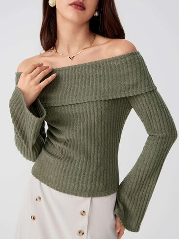 CIDER Off The Shoulder Sweater for Womens Fall Tops Sexy Long Sleeve Going Out Tops Knit Cropped Sweater Trendy Slim Fit in Saudi Arabia