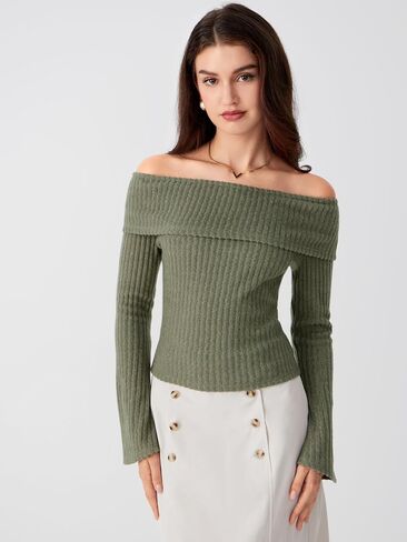CIDER Off The Shoulder Sweater for Womens Fall Tops Sexy Long Sleeve Going Out Tops Knit Cropped Sweater Trendy Slim Fit in Saudi Arabia