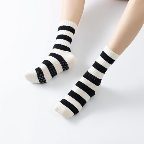 Yoga Pilates Socks with Grips for Women Non Slip Striped Cushioned Crew Socks for Barre Ballet Dance in Kuwait