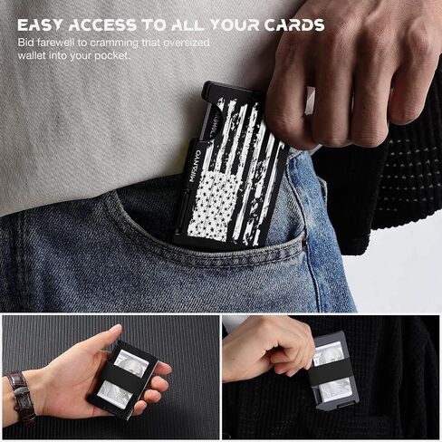 محفظة للرجال، حامل بطاقات صغير مع حزام للنقود، محفظة جيب أمامية معدنية نحيفة، حجب RFID، علم أمريكي خشبي شخصي in Kuwait