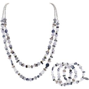 Bocar Necklace for Women, Crystal Strand Fashion Jewelry, Women's Collar Necklaces, 2 Layer Long Link Chain Necklace and 3 Bracelets Set, Party Gifts for Her
