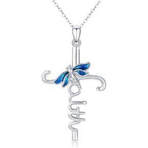 Dragonfly Necklace Sterling Silver Faith Cross Necklaces Dragonfly Cross Pendant Religious Jewelry Graduation Birthday Gifts for Women